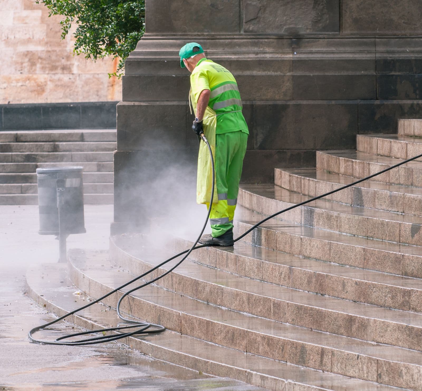Concrete pressure washed back to its original color.