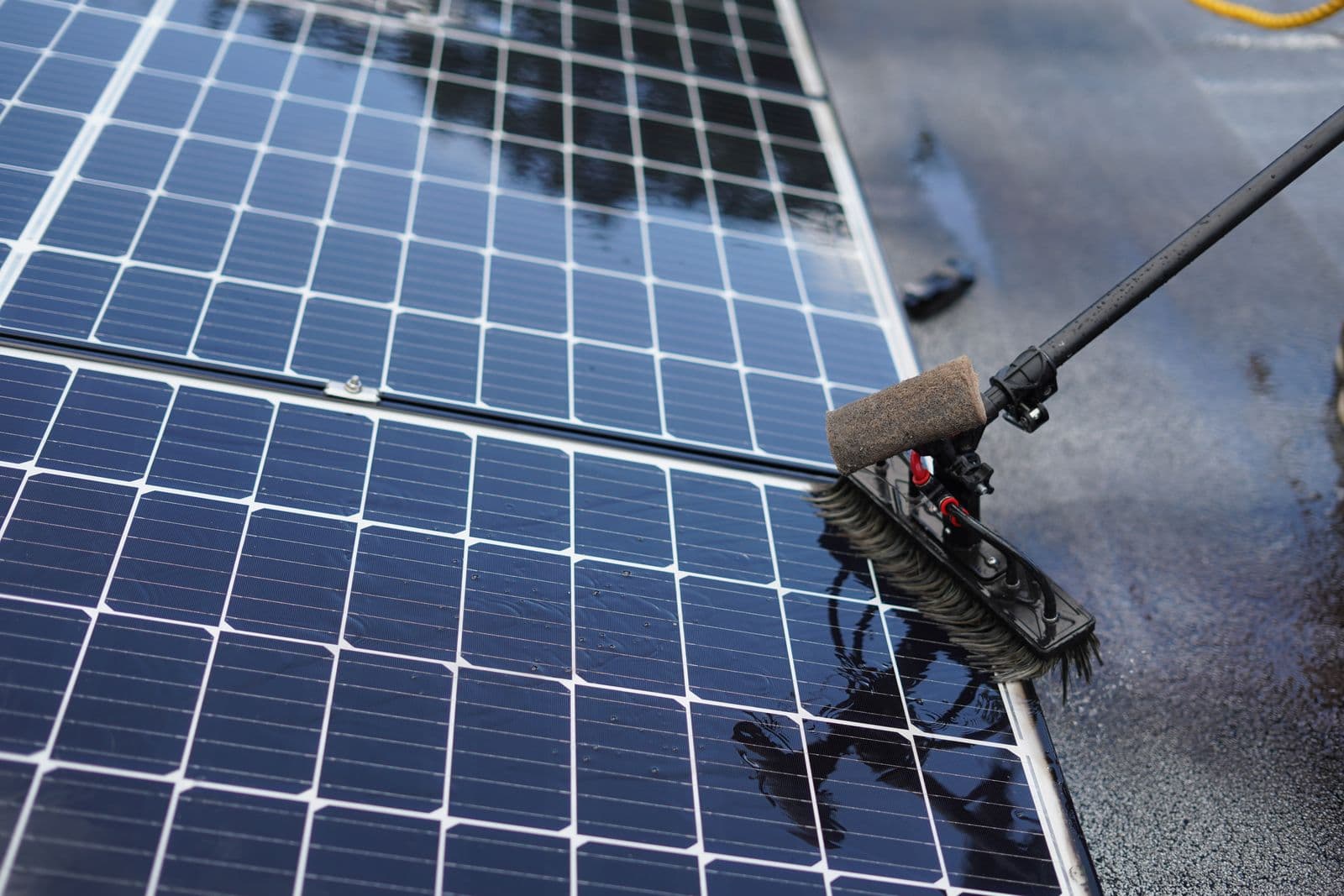 Residential solar panels cleaned with soft tools and purified water.